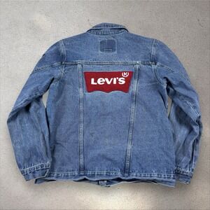 Levis Denim‎ Jean Trucker Jacket Youth XL Unisex Red Tab Logo Patch Arcuate